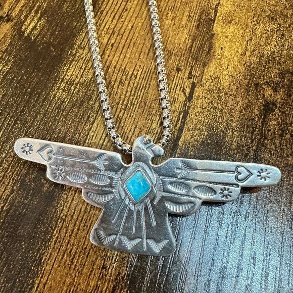 Native American Handcrafted Thunderbird Turquoise and Silver Pendant Necklace, - Picture 6 of 11